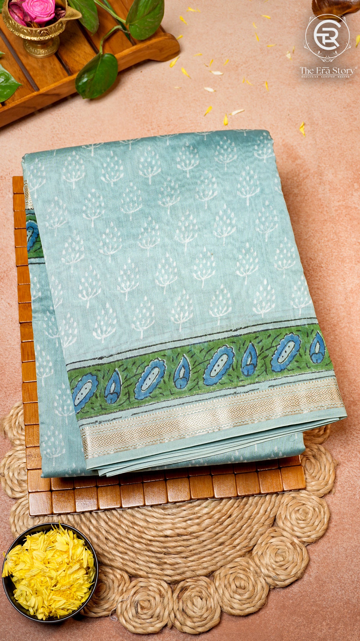 Green and Blue Geometric Handblocked Pure Maheshwari Cotton Sarees