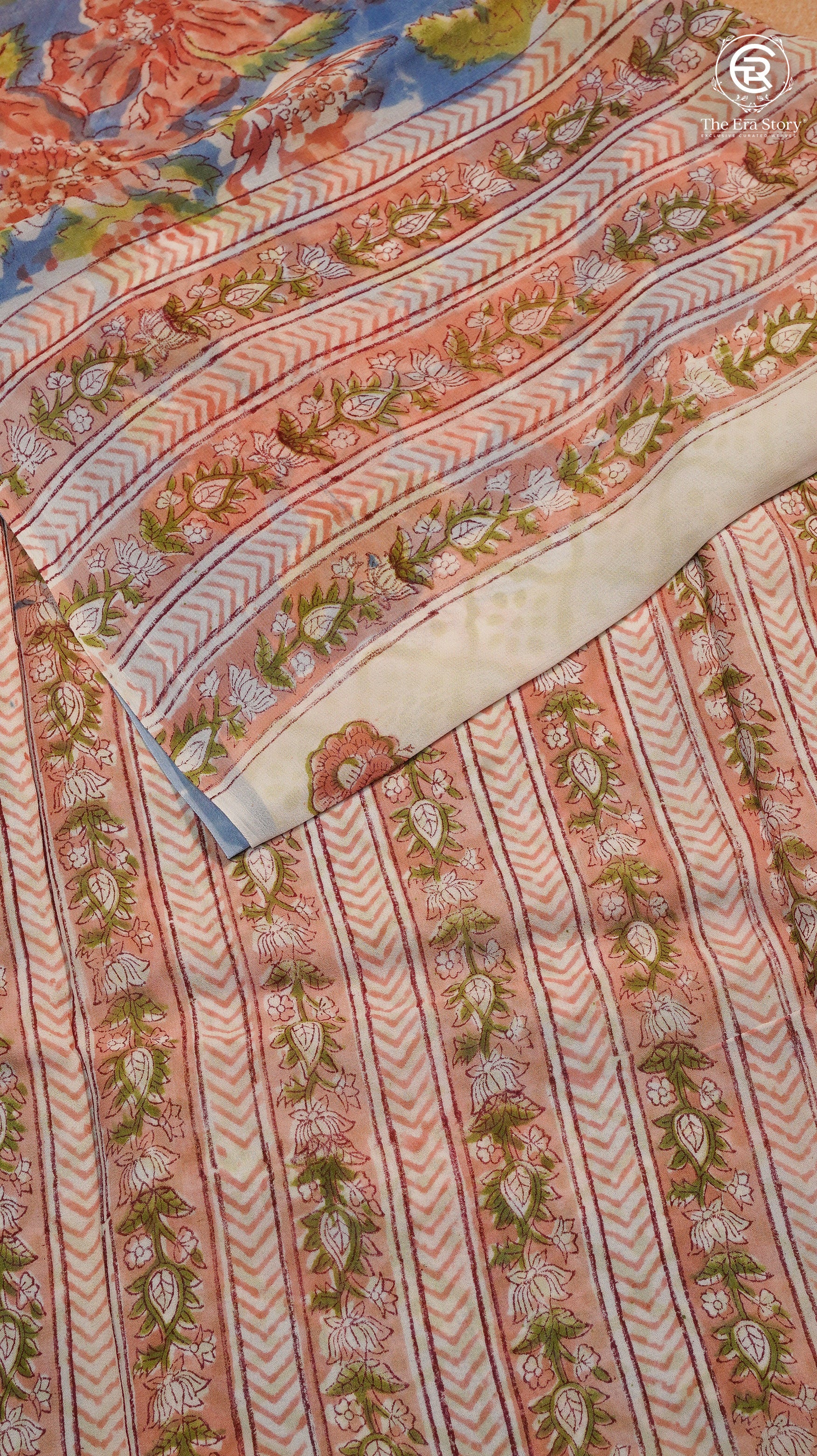 Blue & Peach Blossom Floral Handblocked Pure Georgette Saree