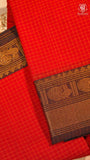 Orange & Black Checkered Gold Peacock Border Handloom Narayanpet Cotton Saree