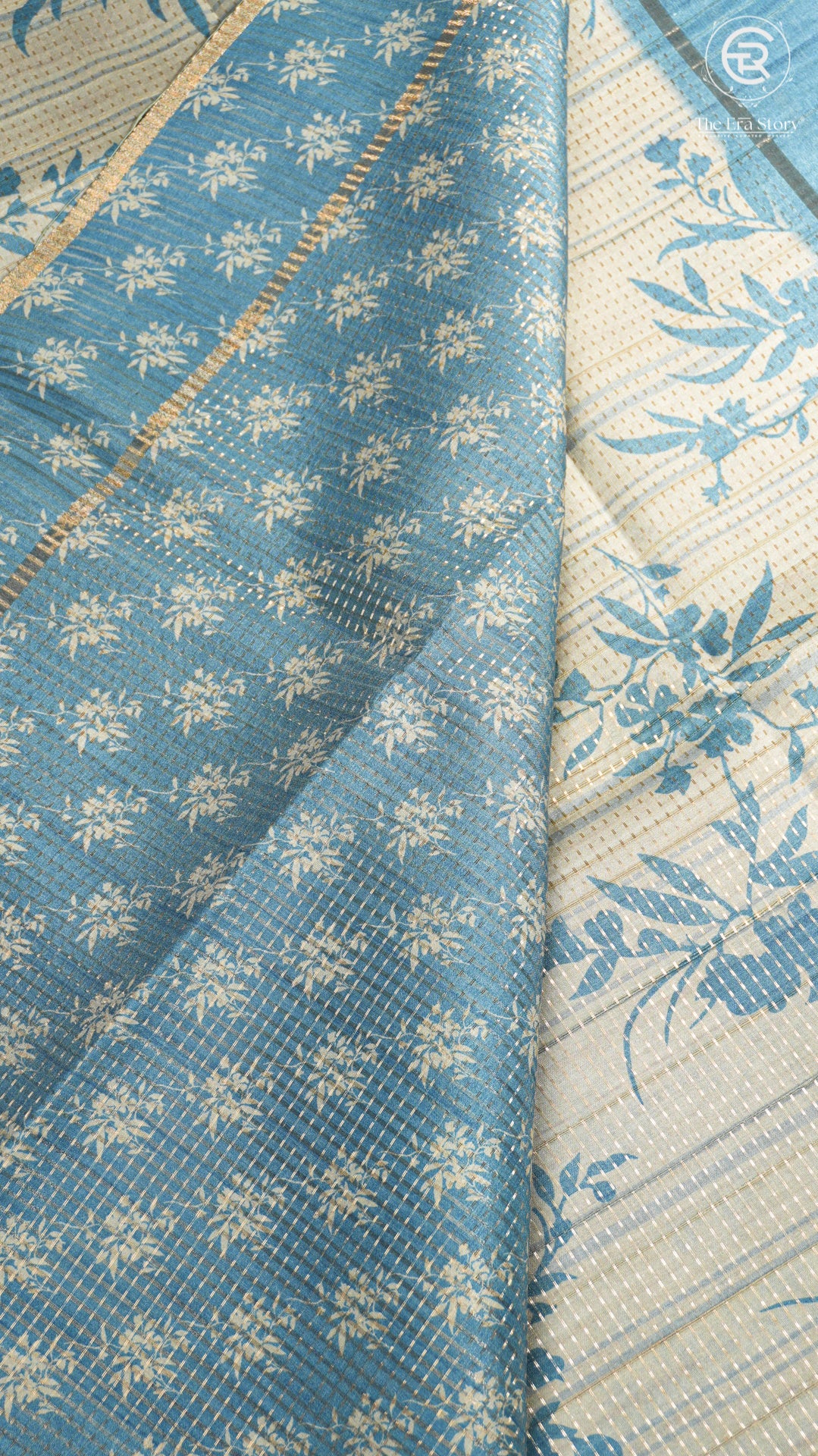 Beige & Blue Floral Kantha Matka Tussar Silk Saree