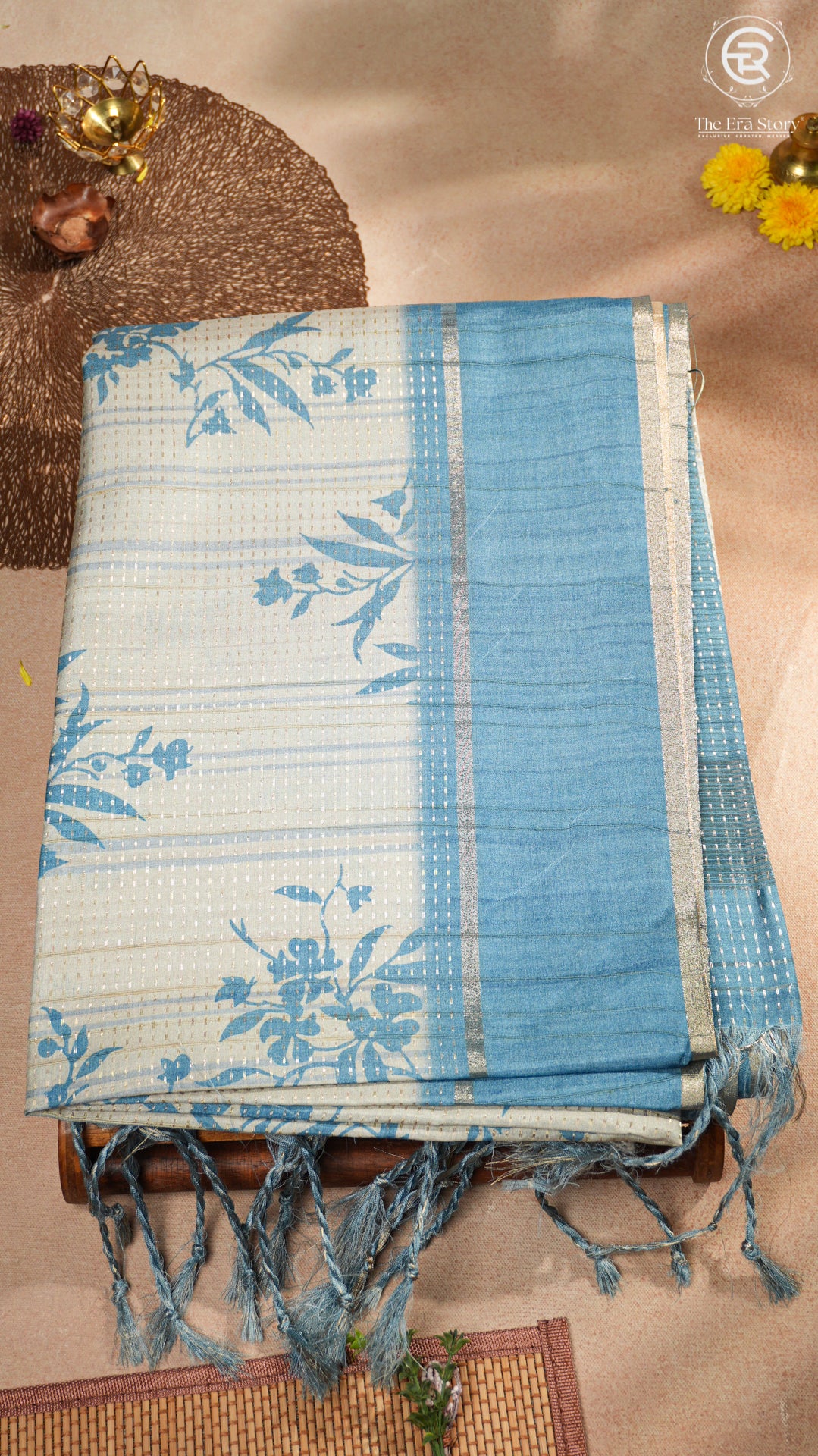 Beige & Blue Floral Kantha Matka Tussar Silk Saree