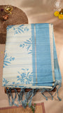 Beige & Blue Floral Kantha Matka Tussar Silk Saree