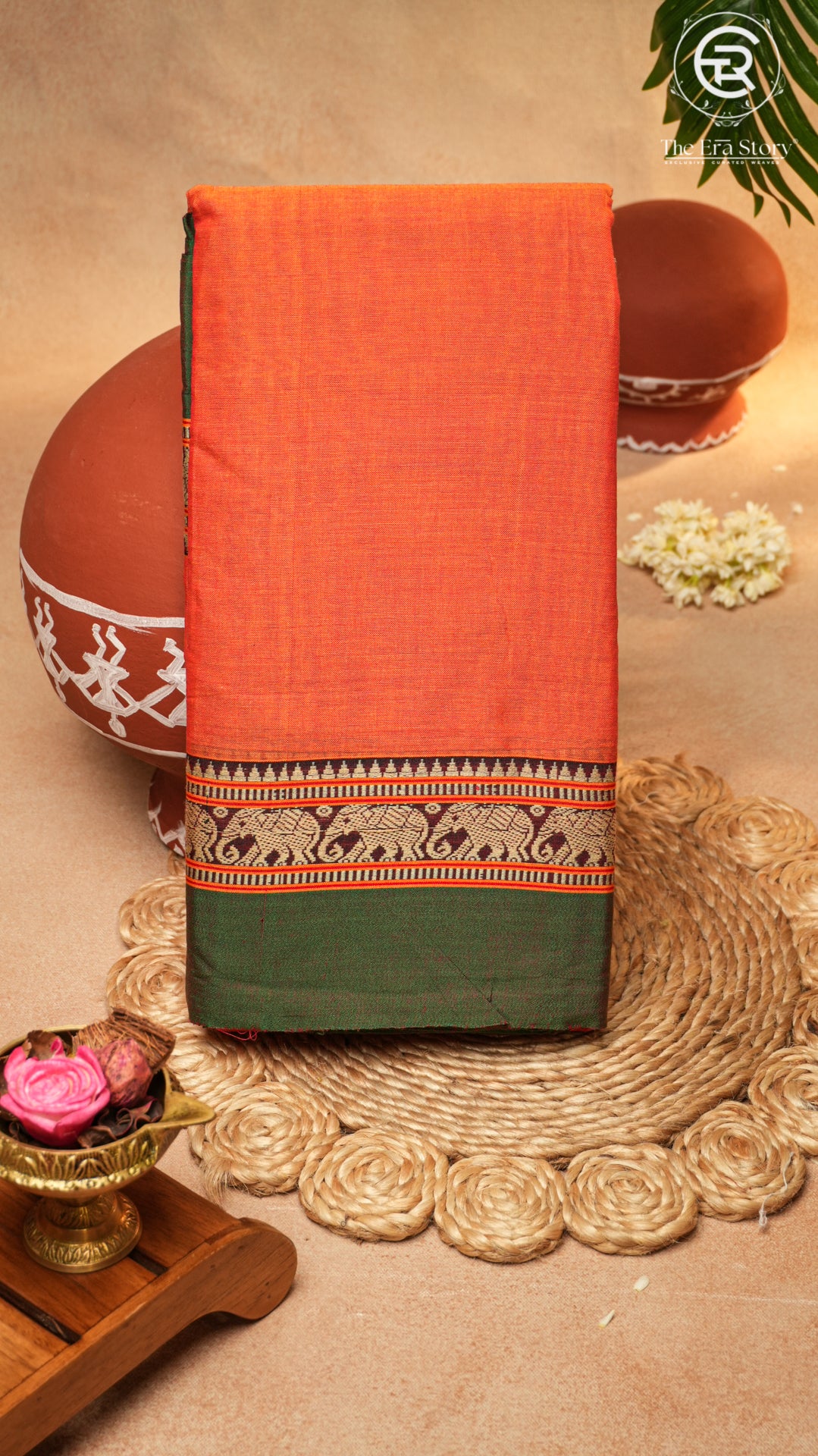 Orange & Green Elephant Border Handloom Narayanpet Cotton Saree