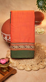 Orange & Green Elephant Border Handloom Narayanpet Cotton Saree