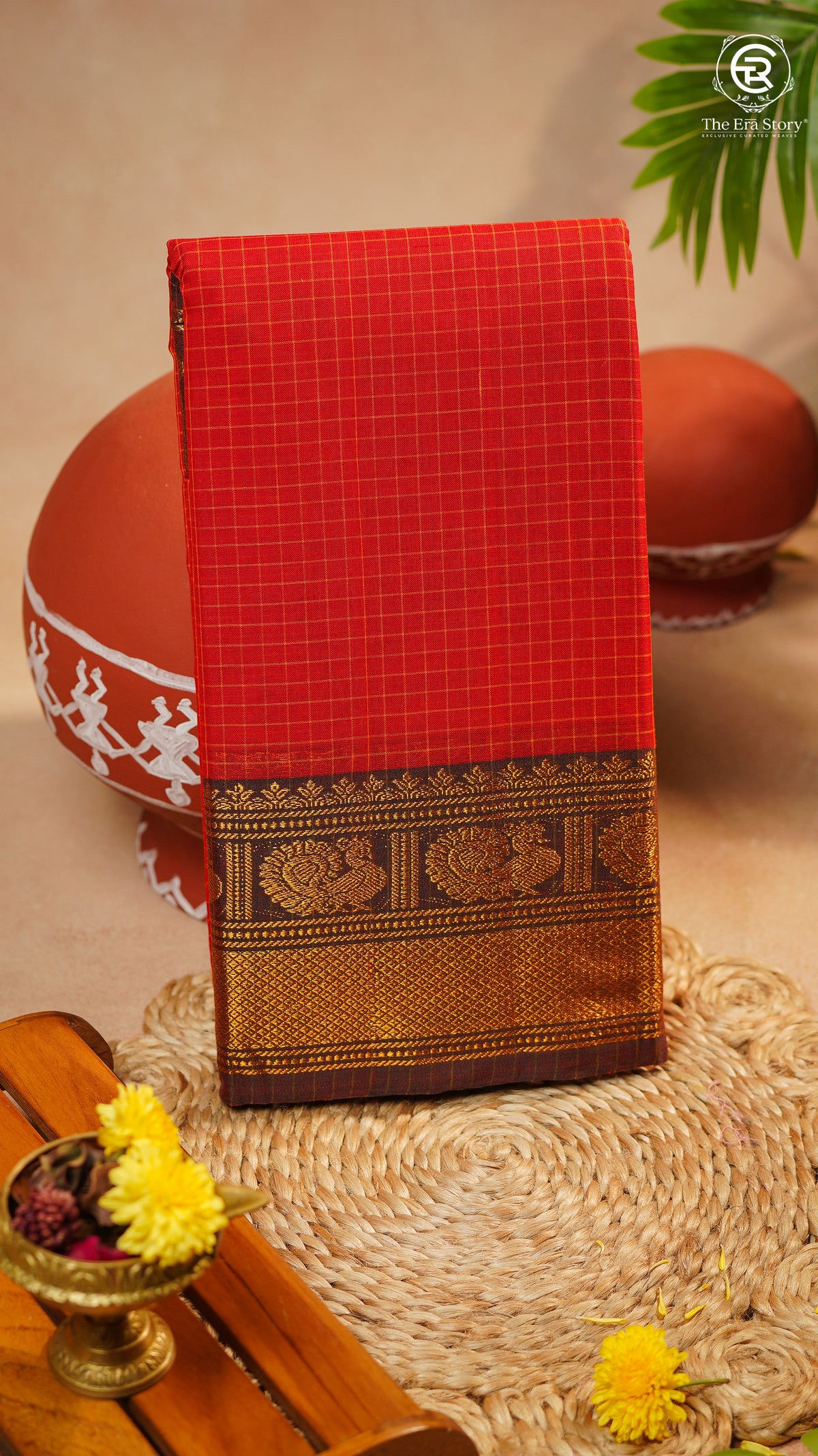 Orange & Black Checkered Gold Peacock Border Handloom Narayanpet Cotton Saree