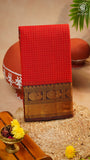 Orange & Black Checkered Gold Peacock Border Handloom Narayanpet Cotton Saree