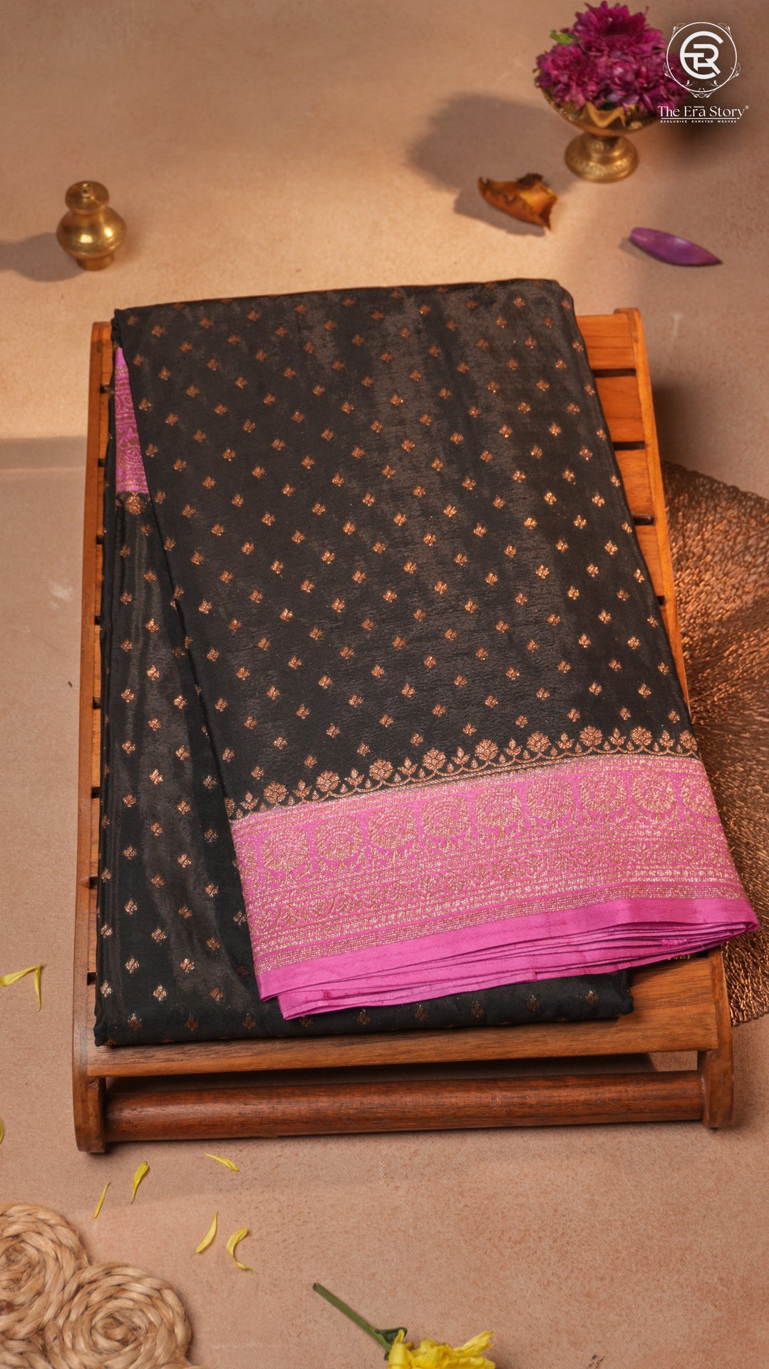 Black & Bright Pink Pure Crepe Chiffon Banarasi Silk Saree