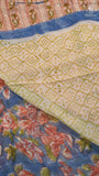 Blue & Peach Blossom Floral Handblocked Pure Georgette Saree