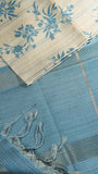 Beige & Blue Floral Kantha Matka Tussar Silk Saree