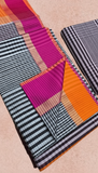 White and Black Striped Purple Orange Handloom Pure Maheshwari Silk Saree
