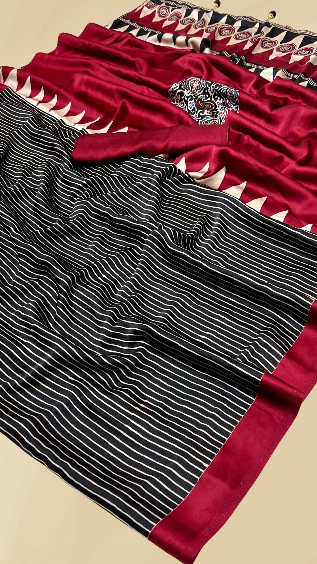Black and Red Striped Temple Ajrakh Gajji Silk Saree