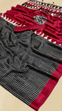 Black and Red Striped Temple Ajrakh Gajji Silk Saree