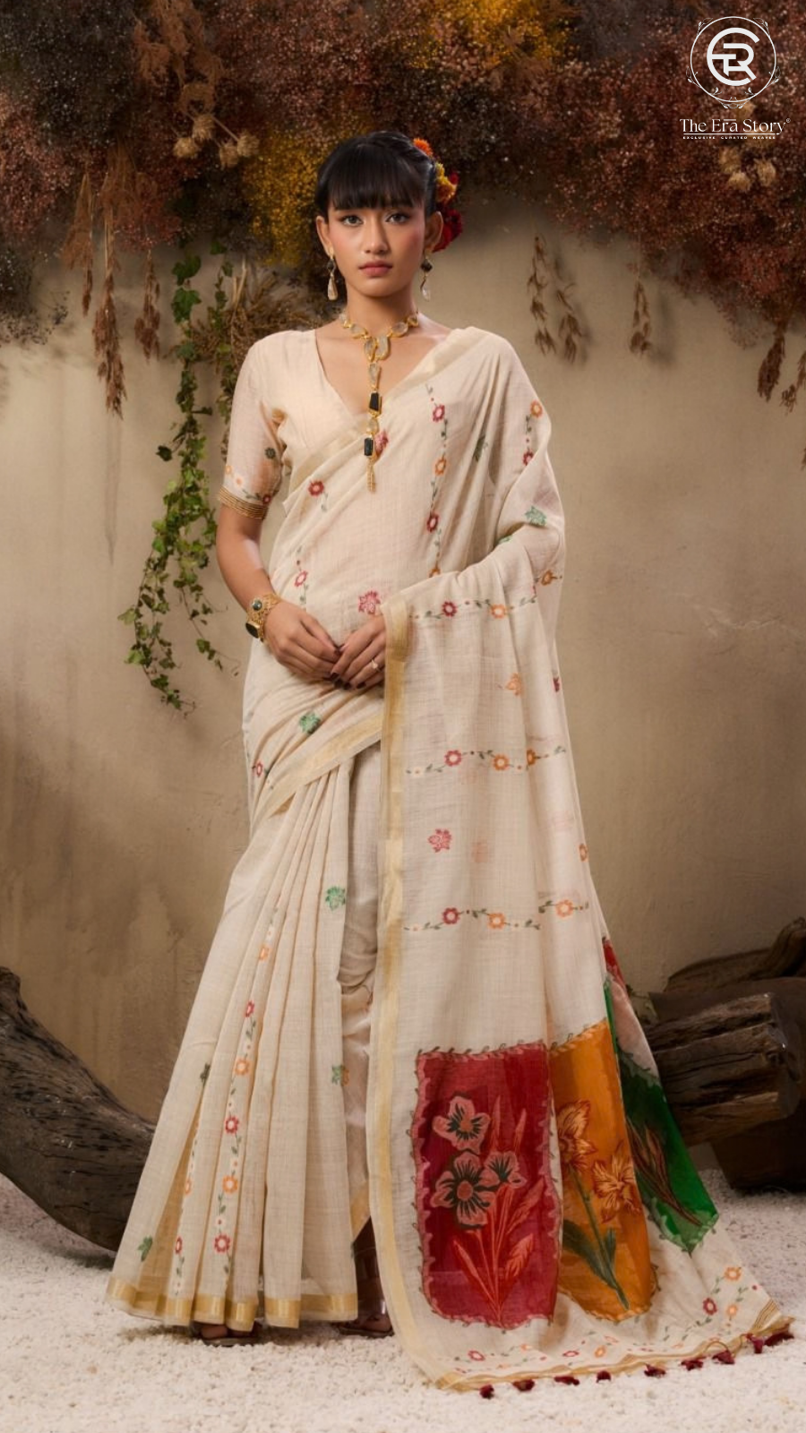 White & Red Orange Floral Jamdani Tussar Silk Saree