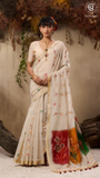 White & Red Orange Floral Jamdani Tussar Silk Saree