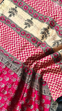 Ruby Pink & Beige Handblocked Pure Maheshwari Cotton Sarees