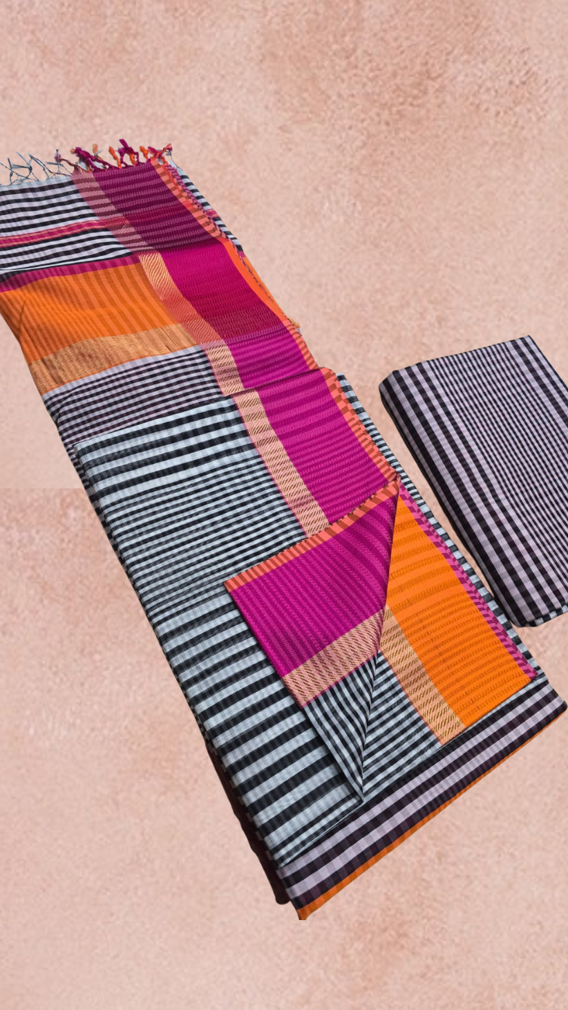 White and Black Striped Purple Orange Handloom Pure Maheshwari Silk Saree