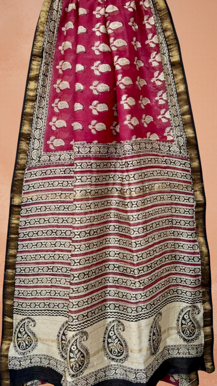 Red and Beige Floral Handblocked Pure Maheshwari Cotton Sarees