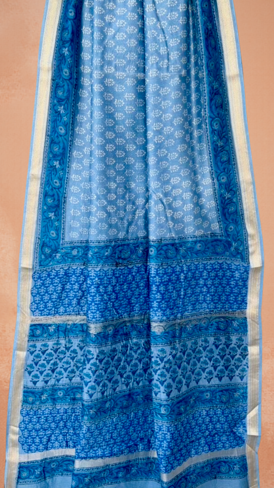 Baby Blue Floral Handblocked Pure Maheshwari Cotton Sarees