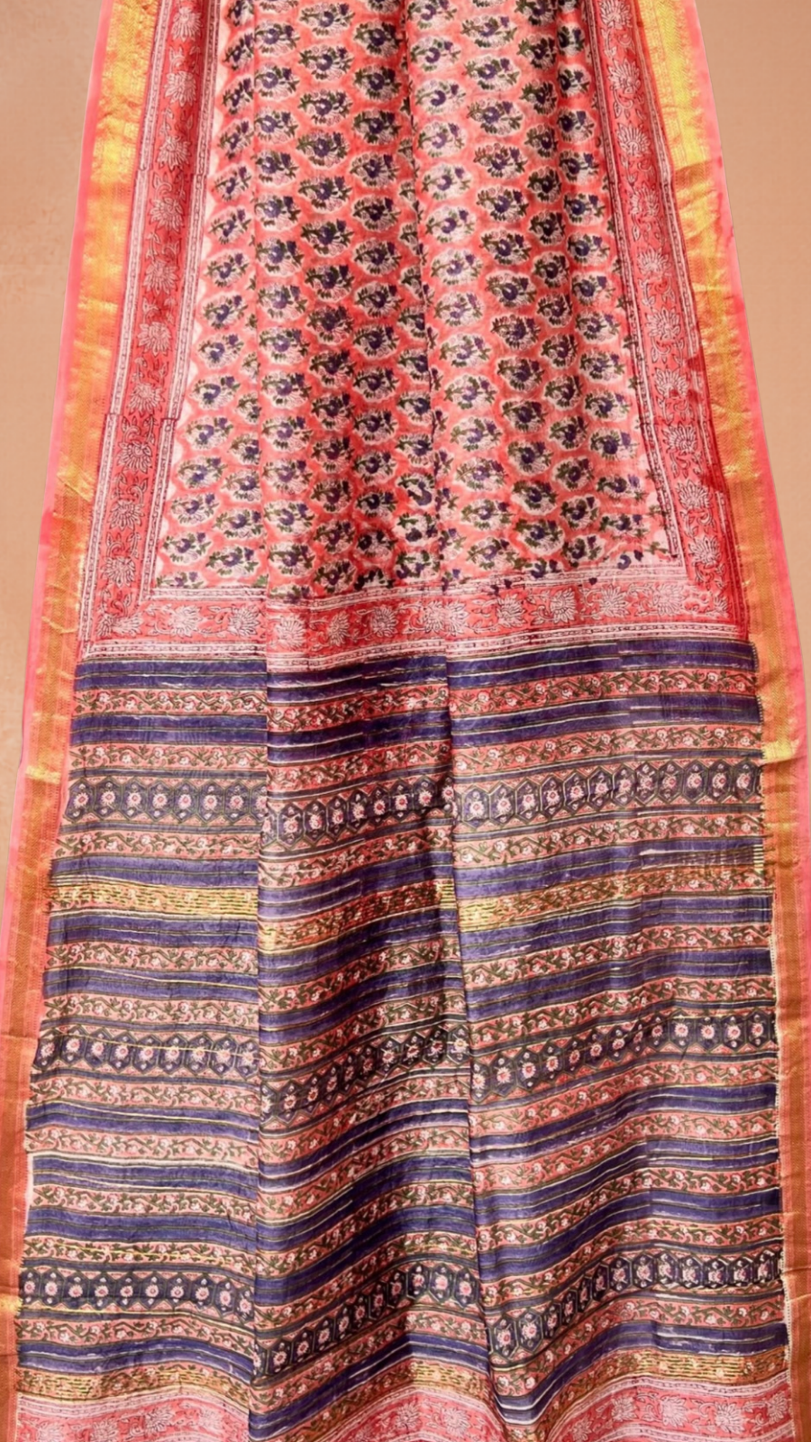 Peach and Purple Floral Handblocked Pure Maheshwari Cotton Sarees
