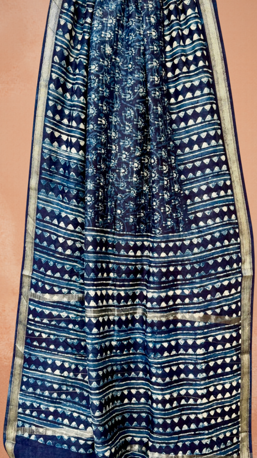 Blue and Black Geometric Handblocked Pure Maheshwari Cotton Sarees