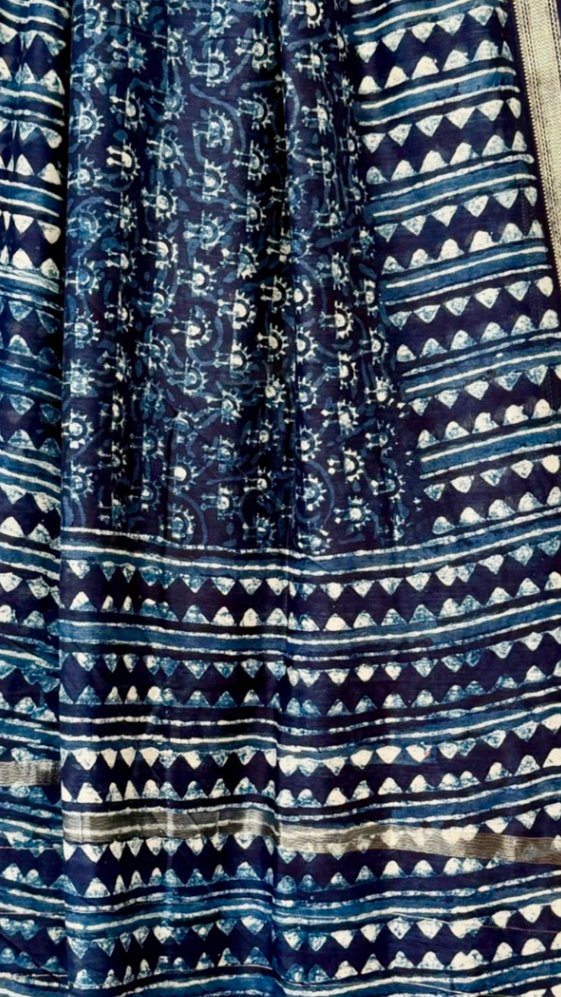 Blue and Black Geometric Handblocked Pure Maheshwari Cotton Sarees