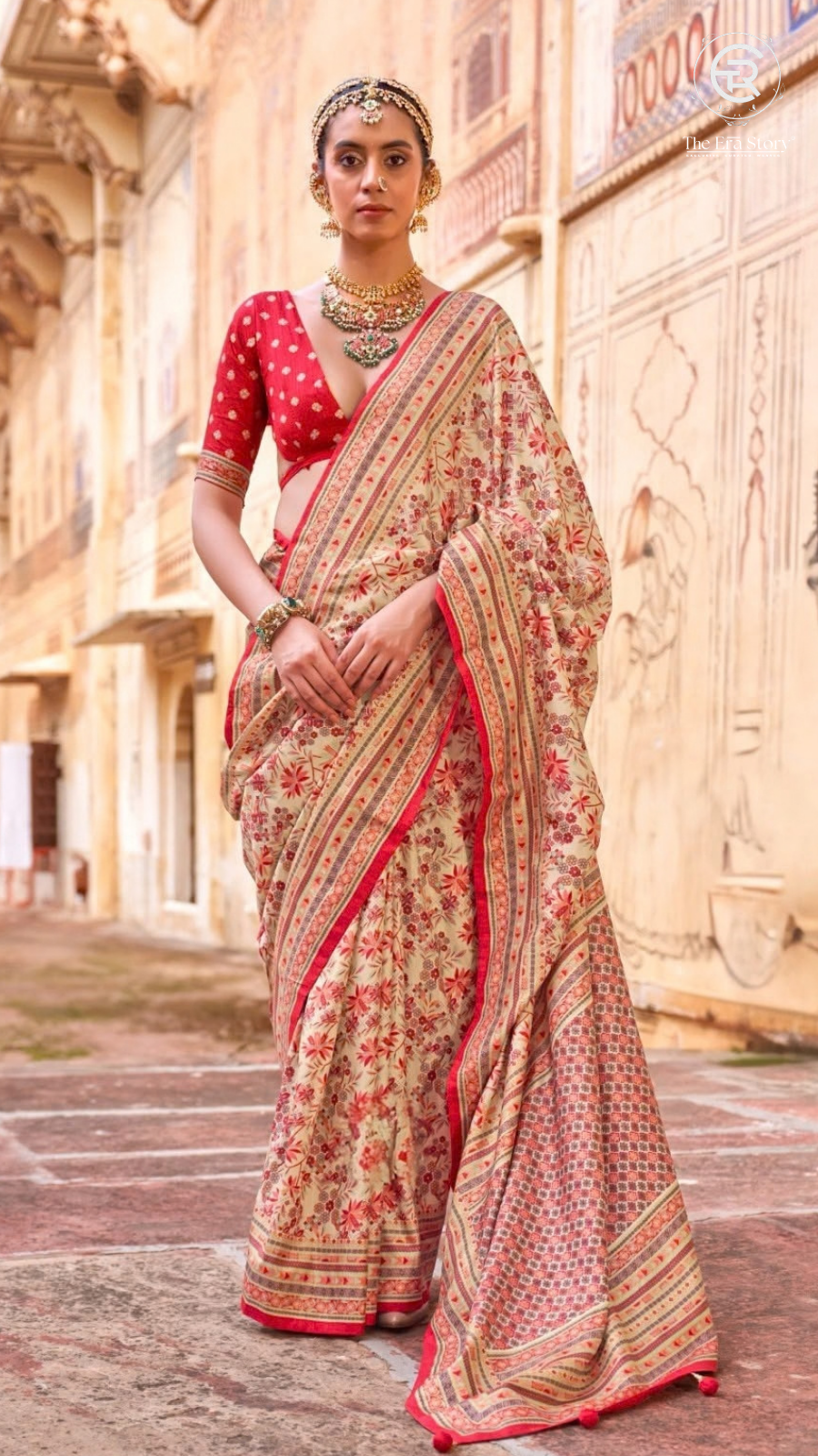 Beige & Red Floral Festive Crepe Banarasi Saree