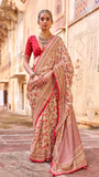 Beige & Red Floral Festive Crepe Banarasi Saree