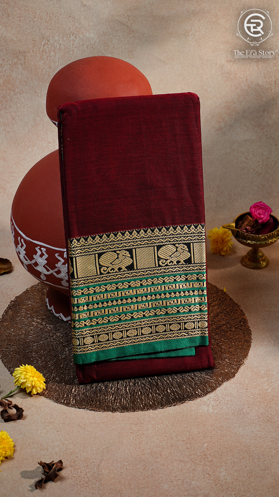 Maroon & Green Elephant Peacock Handloom Narayanpet Cotton Saree