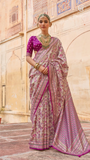 Beige & Purple Floral Festive Crepe Banarasi Saree