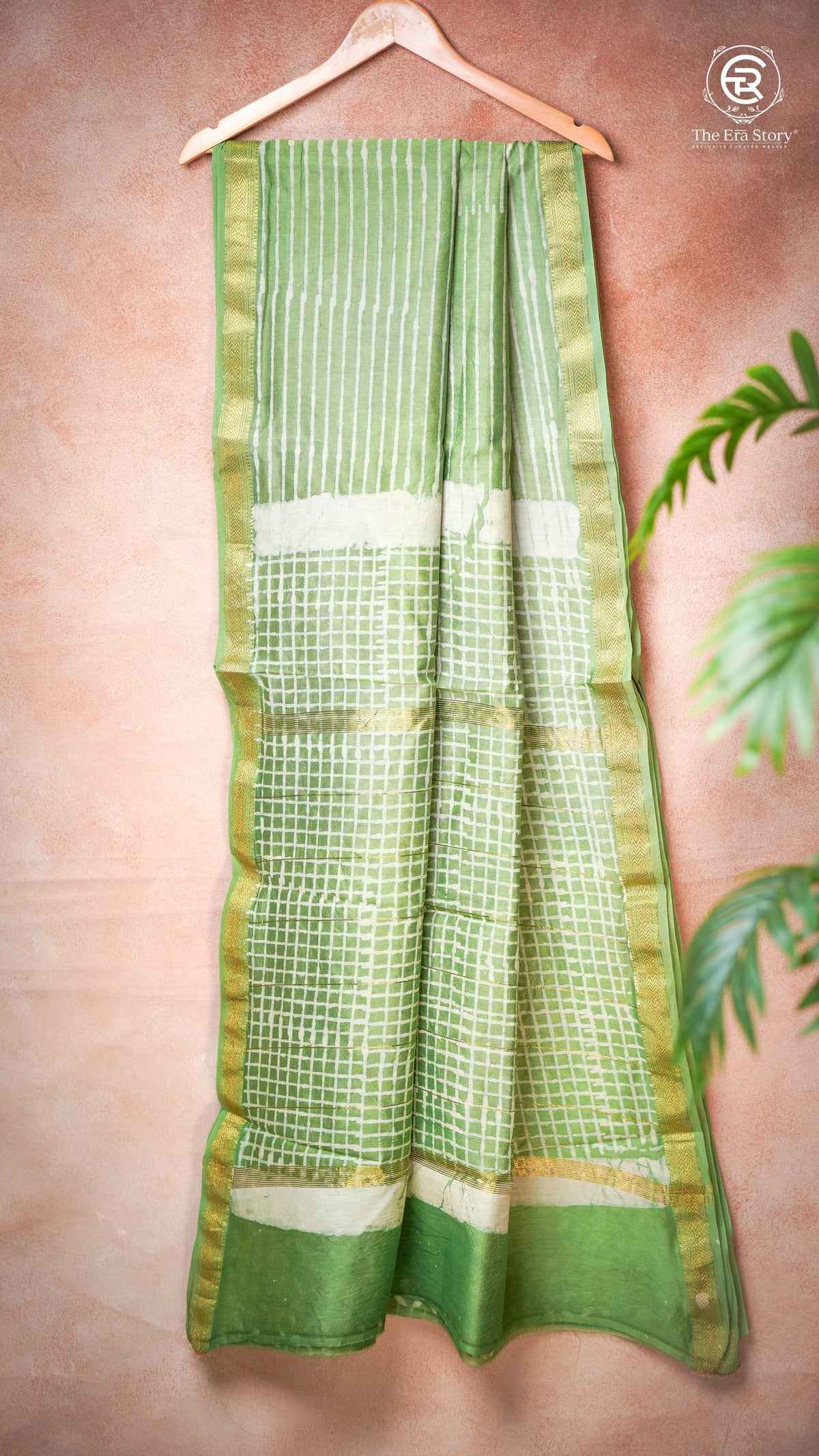 Pista Green Line Patterned Handblocked Pure Maheshwari Cotton Saree