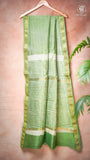 Pista Green Line Patterned Handblocked Pure Maheshwari Cotton Saree