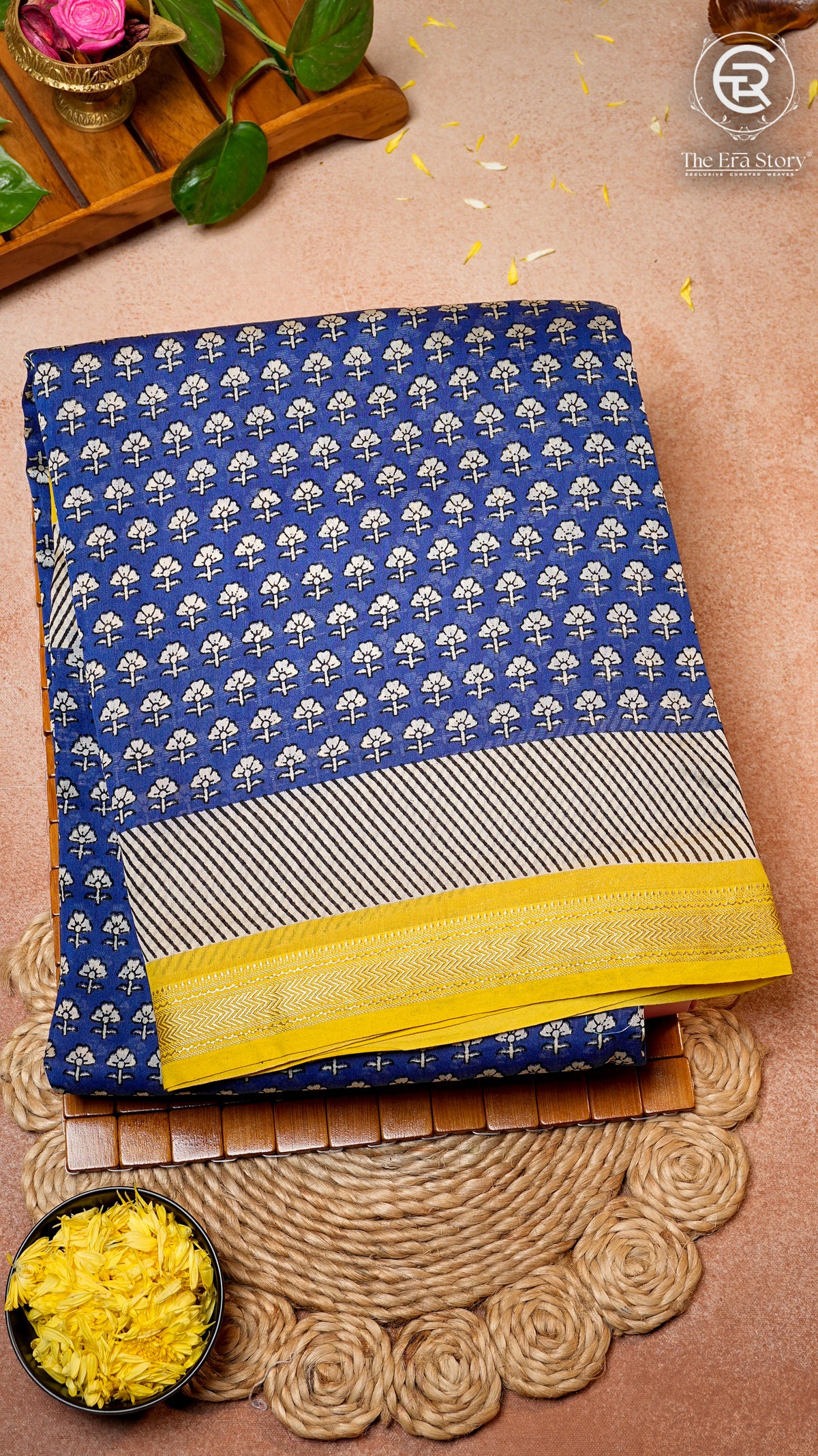 Blue and Yellow Geometric Handblocked Pure Maheshwari Cotton Sarees