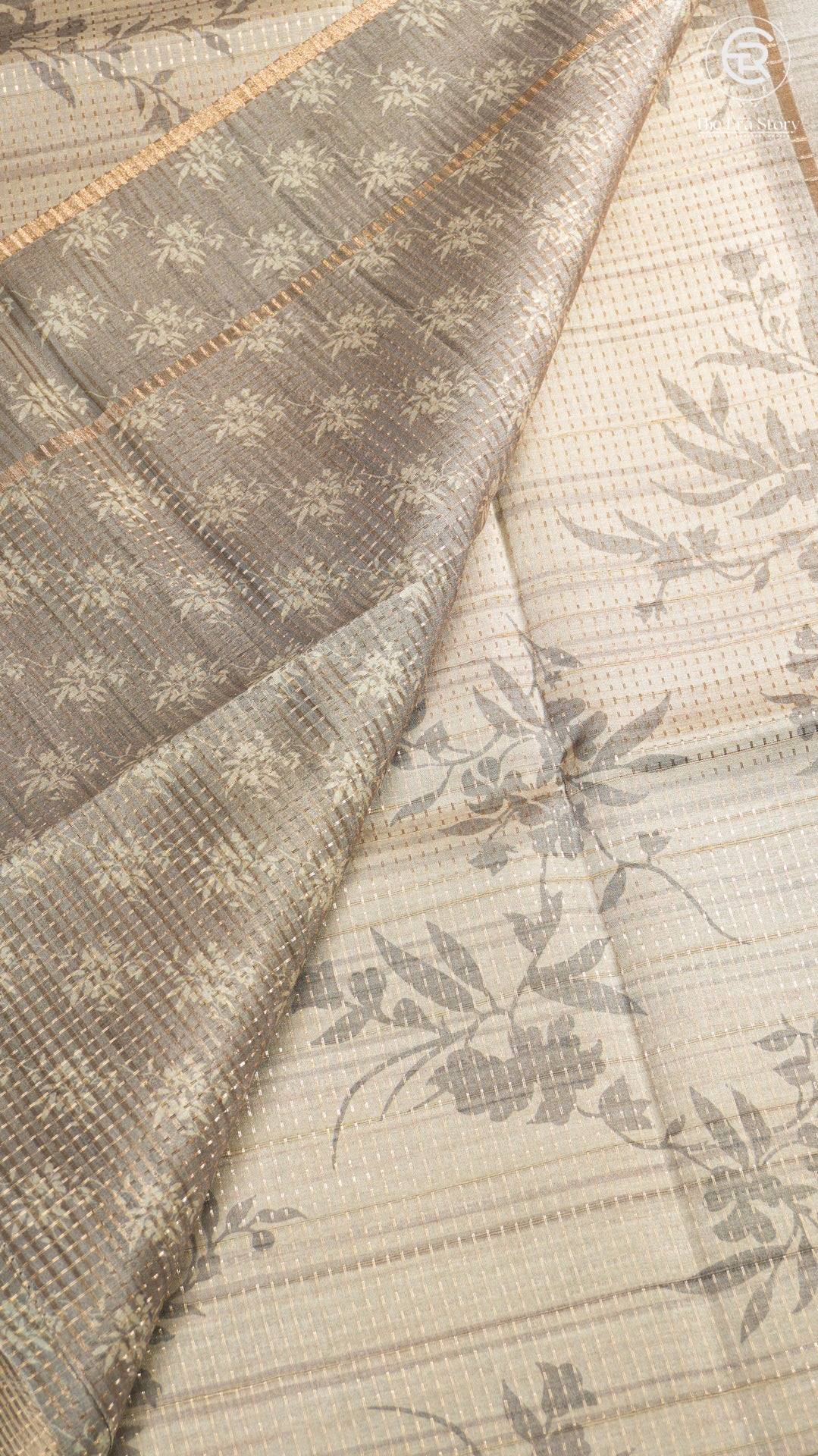 Beige & Grey Floral Kantha Matka Tussar Silk Saree