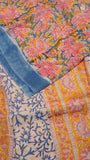 Blue & Pink Blossom Floral Handblocked Pure Georgette Saree