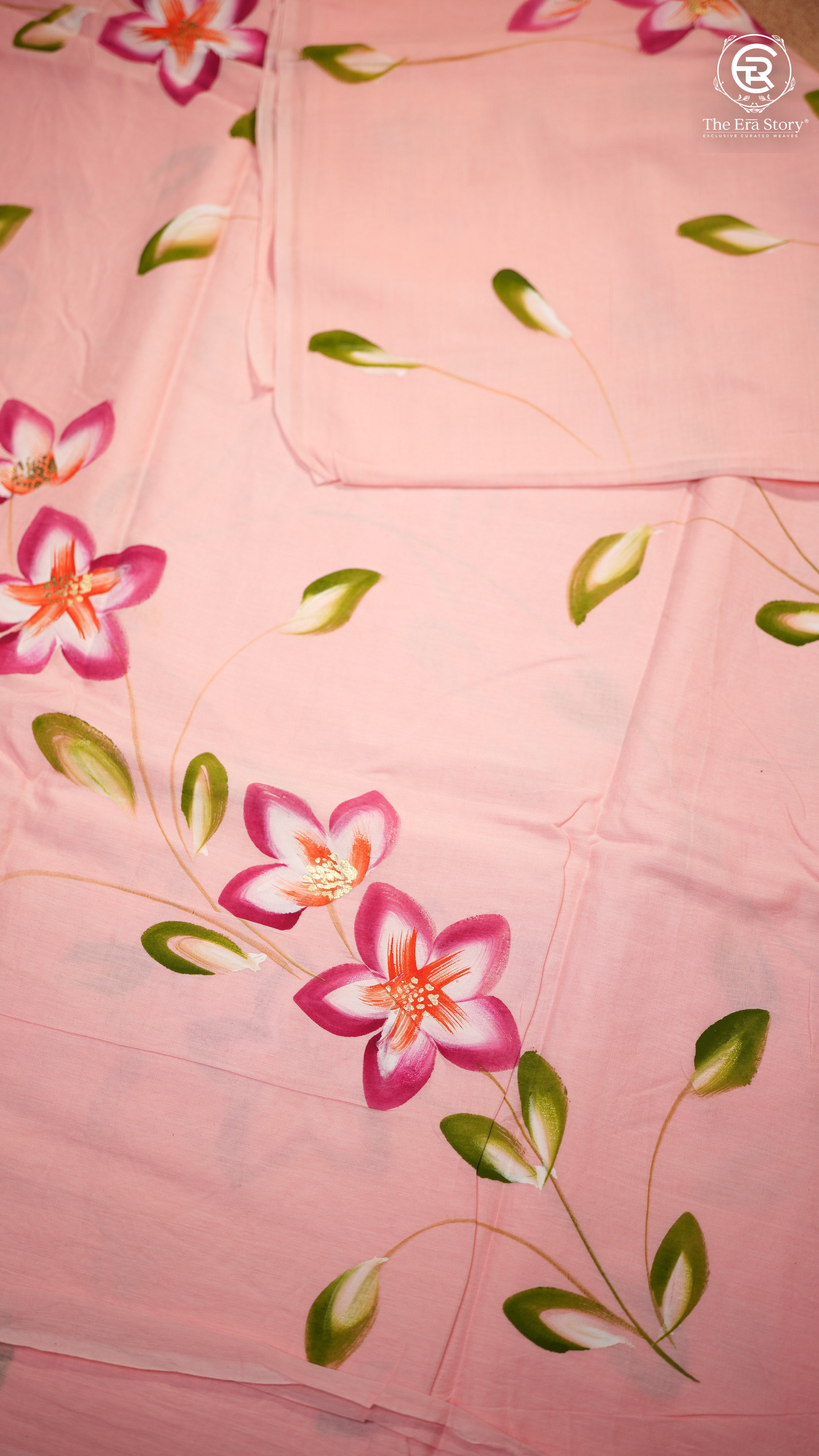 Pink & Red Floral Handblocked Pure Mul Cotton Saree