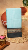 Aqua Blue & Grey Elephant Border Handloom Narayanpet Cotton Saree
