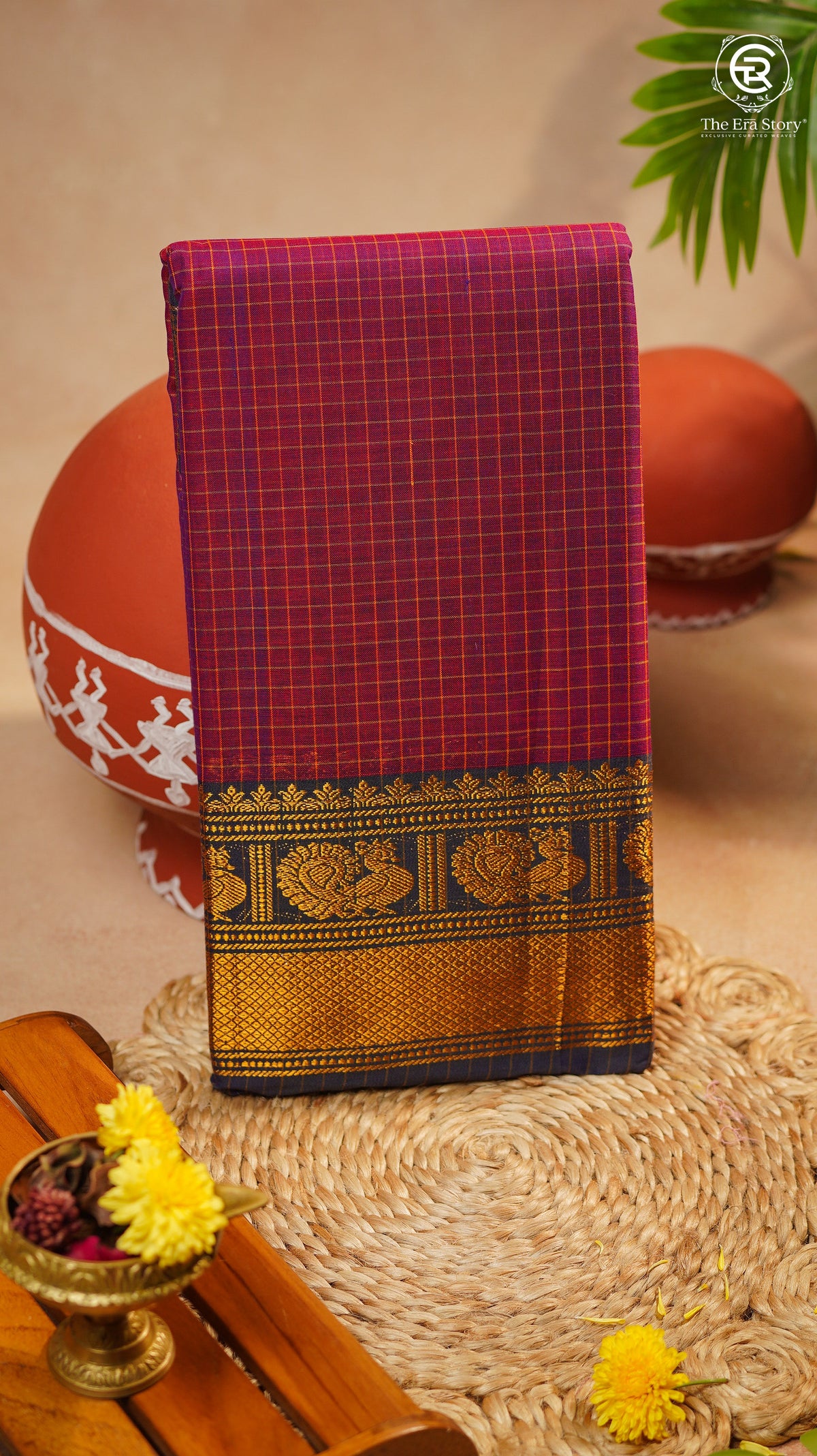 Magenta & Black Checkered Gold Peacock Border Handloom Narayanpet Cotton Saree