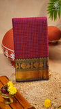 Magenta & Black Checkered Gold Peacock Border Handloom Narayanpet Cotton Saree