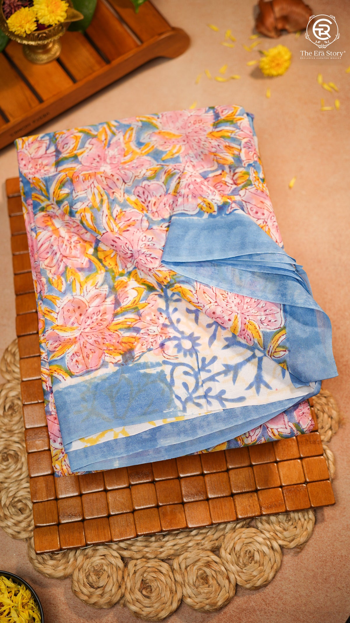 Blue & Pink Blossom Floral Handblocked Pure Georgette Saree