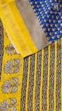 Blue and Yellow Geometric Handblocked Pure Maheshwari Cotton Sarees