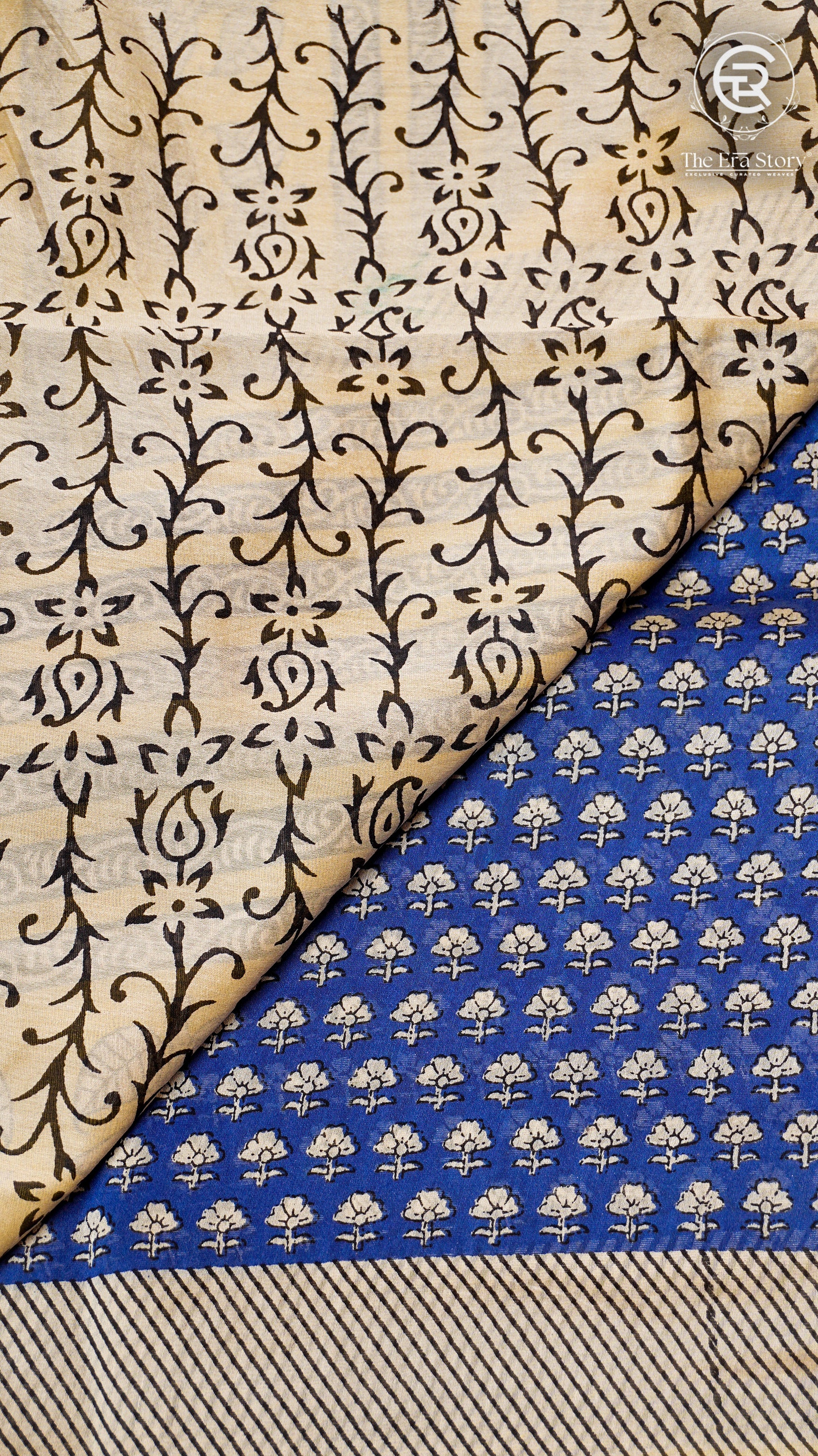 Blue and Yellow Geometric Handblocked Pure Maheshwari Cotton Sarees