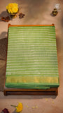 Pista Green Line Patterned Handblocked Pure Maheshwari Cotton Saree