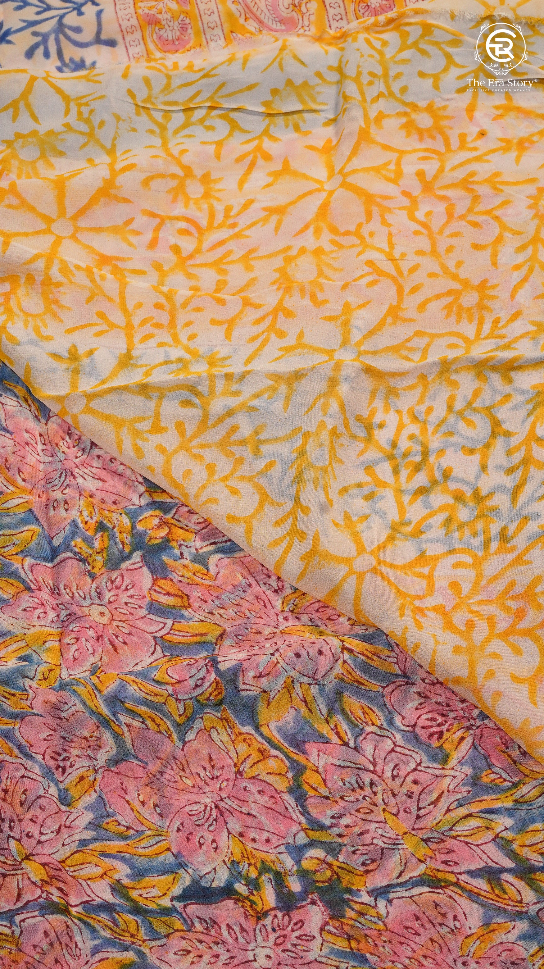 Blue & Pink Blossom Floral Handblocked Pure Georgette Saree