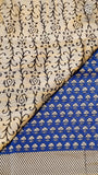 Blue and Yellow Geometric Handblocked Pure Maheshwari Cotton Sarees