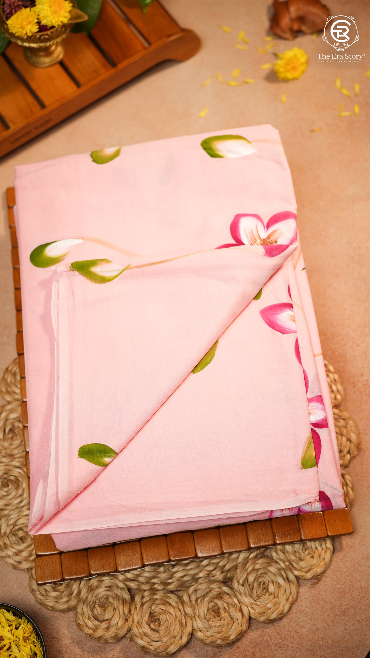 Pink & Red Floral Handblocked Pure Mul Cotton Saree