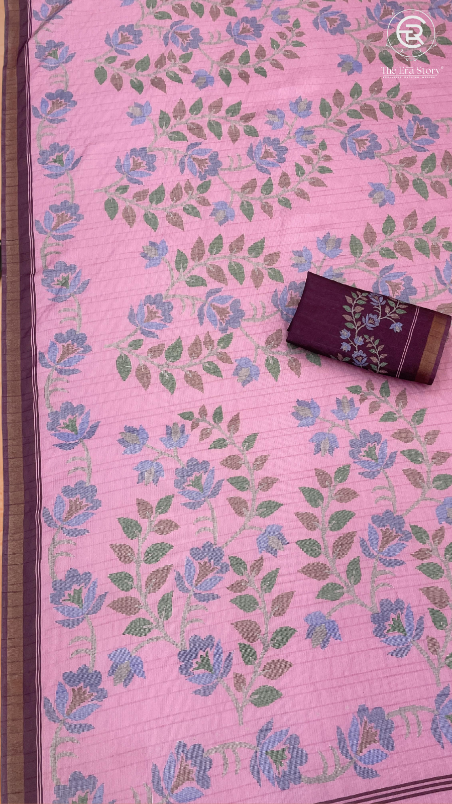 Pink & Brown Floral Printed Tussar Silk Saree