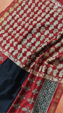Black & Red Leaf Floral Handblocked Pure Maheshwari Cotton Sarees