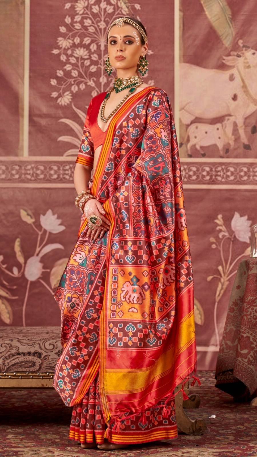 Red & Yellow Elephant Patola Crepe Banarasi