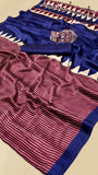Purple and Blue Striped Temple Ajrakh Gajji Silk Saree