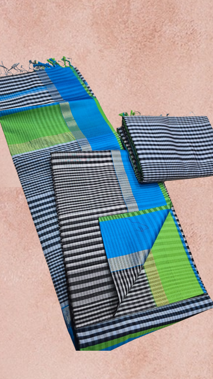 White and Black Striped Blue Green Handloom Pure Maheshwari Silk Saree
